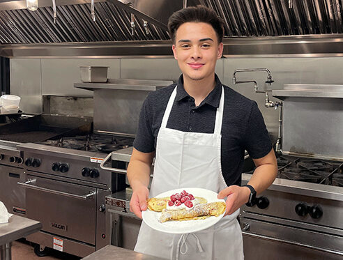 Julian Sanchez has been studying French cuisine both at Goodman and through an internship with Cadre. Learning some of these basic skills now, like making crepes, will help him test into higher classes when he attends the Culinary Institute of America.