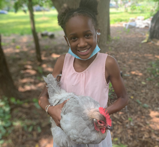 An African American student smiles while holding a chicken.