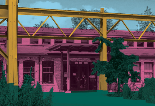 A colorized treatment of the exterior of the Goodman Community Center's Ironworks building.