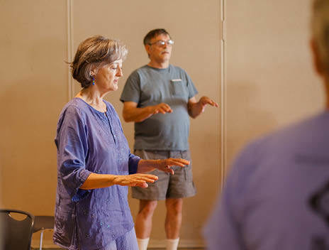 Two older adults doing gentle exercise