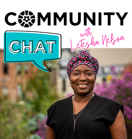 A graphic advertising Goodman's Community Chat, featuring a headshot of CEO Letesha Nelson.