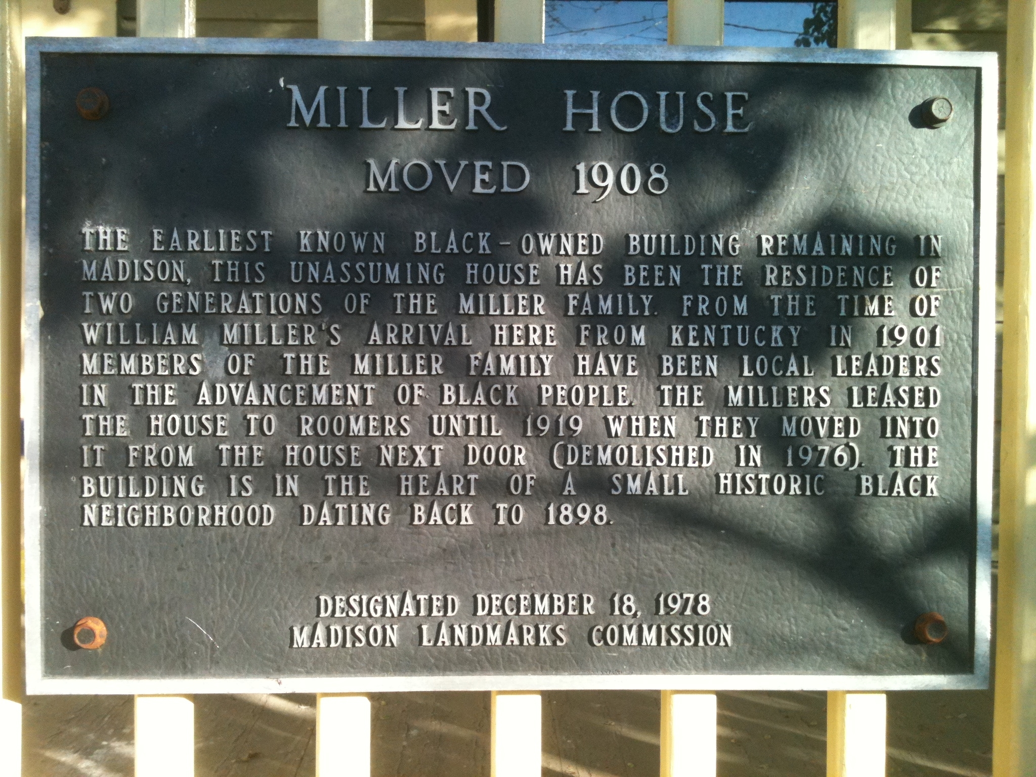 The Miller House Historical Plaque